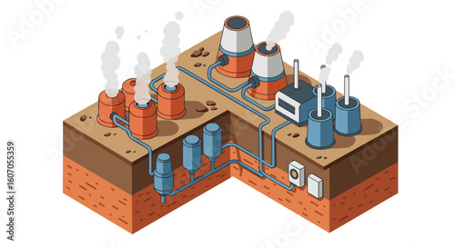 Isometric industrial factory with smokestacks and underground pipeline