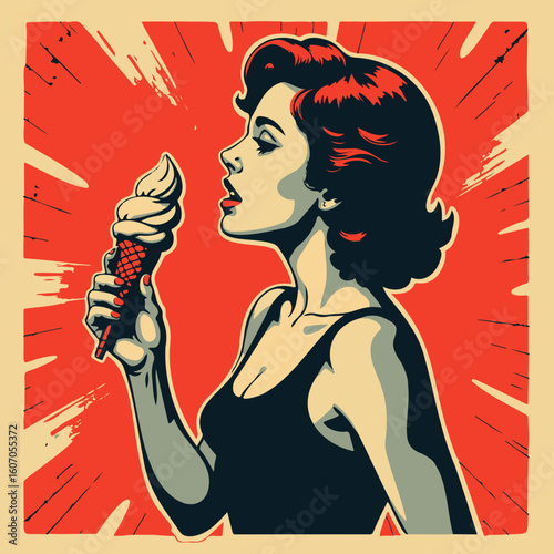 Retro woman enjoying ice cream cone with bold colored background  
