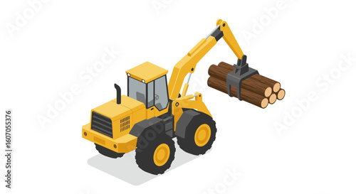 Isometric logging loader with timber on white background