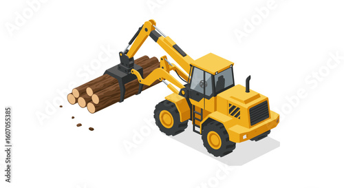 Isometric yellow construction loader with logs on white background
