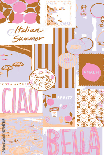 Tropical lobster pattern, summer Italy vacation mood. Retro palm trees, sardines, lemon in the frames. Mediterranean wallpaper, cute geometric design, textile, background, paper. Vector hand drawn art