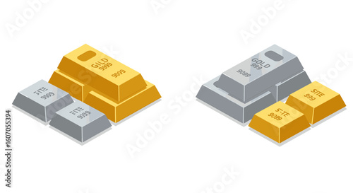 Isometric gold and silver bar stacks for financial and investment them