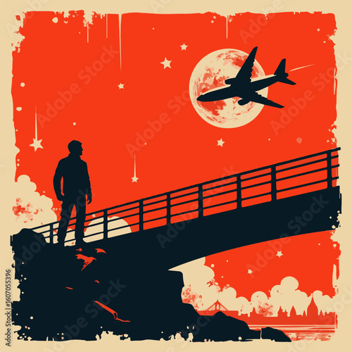 Silhouette of man standing on bridge under moon and airplane  