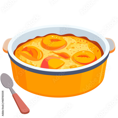 Freshly baked peach cobbler with sliced fruit in a vibrant yellow casserole dish, vector illustration.