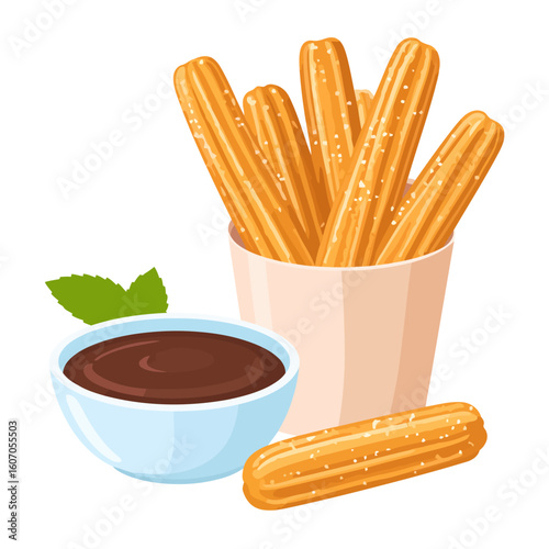Crispy golden churros sprinkled with sugar, served in a cup with a side of rich chocolate dipping sauce and a mint leaf garnish.