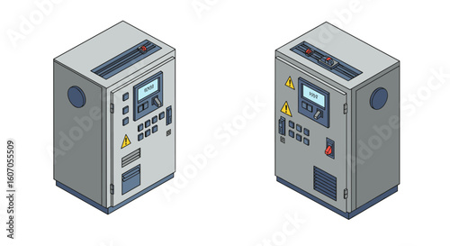 Industrial control cabinets in isometric view with detailed panels and