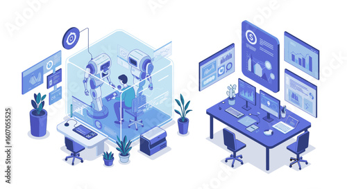 Futuristic workspace with ai robots and data analysis in isometric des