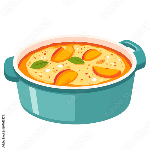 A delicious peach cobbler dessert with fresh mint garnish, served in a teal ceramic Dutch oven.