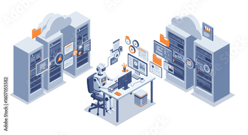 Isometric ai robot managing cloud data in futuristic server room envir