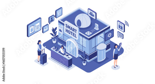 Smart hotel concept with isometric design and technology integration