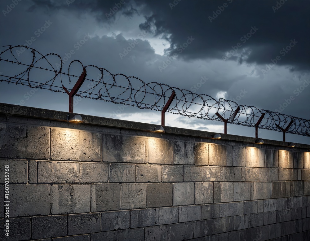 Fototapeta premium Concrete wall with barbed wire and spotlights under cloudy sky