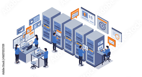 Isometric data center with it professionals and server racks in modern