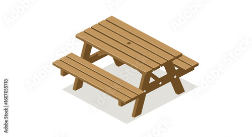 Isometric picnic table on white background: wooden outdoor furniture d