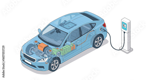 Electric car cutaway showing battery and charging station