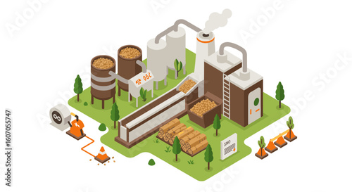 Isometric biomass plant with processing equipment and storage facility