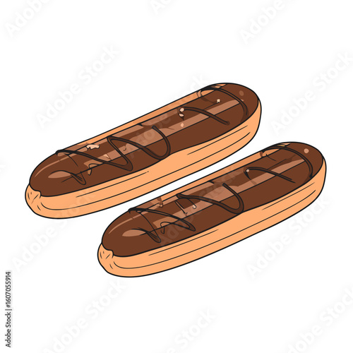 Two illustrated chocolate eclairs with glossy ganache, drizzle, and sprinkles.