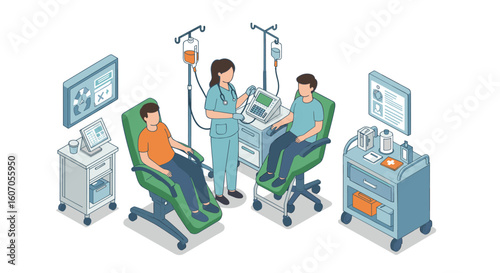 Isometric healthcare scene with medical professional and patients in c