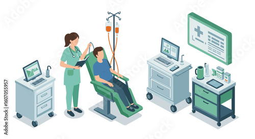 Modern isometric medical scene with nurse and patient in clinic settin