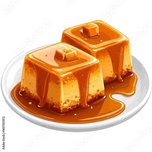 Two square caramel puddings with glossy, dripping sauce and toffee cubes on top.