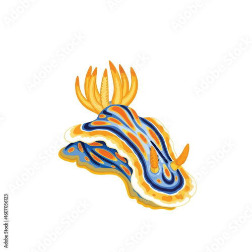 Illustration of a vibrant nudibranch, featuring blue, orange, and yellow coloration, against a clean white backdrop.