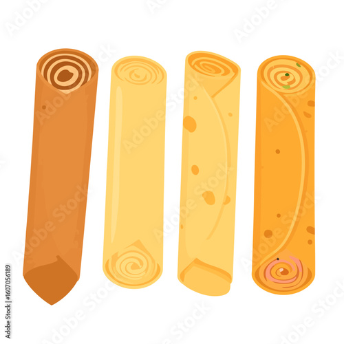 A set of four rolled pancakes with various sweet and savory fillings, vector illustration.