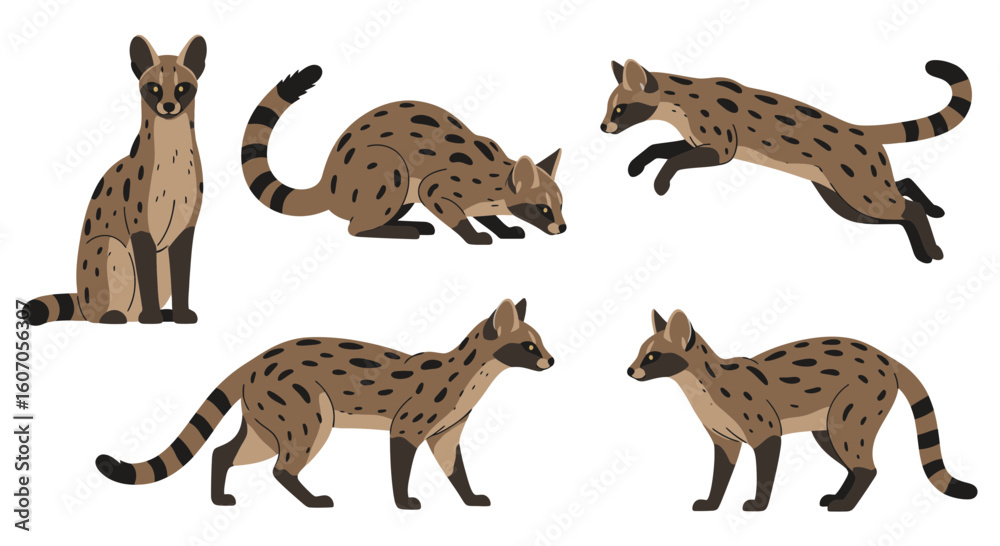 Fototapeta premium Illustrated hyenas in various poses with spotted fur patterns 