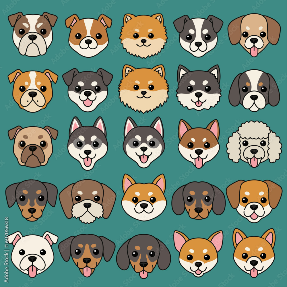 Obraz premium Cartoon vector of adorable dog faces.