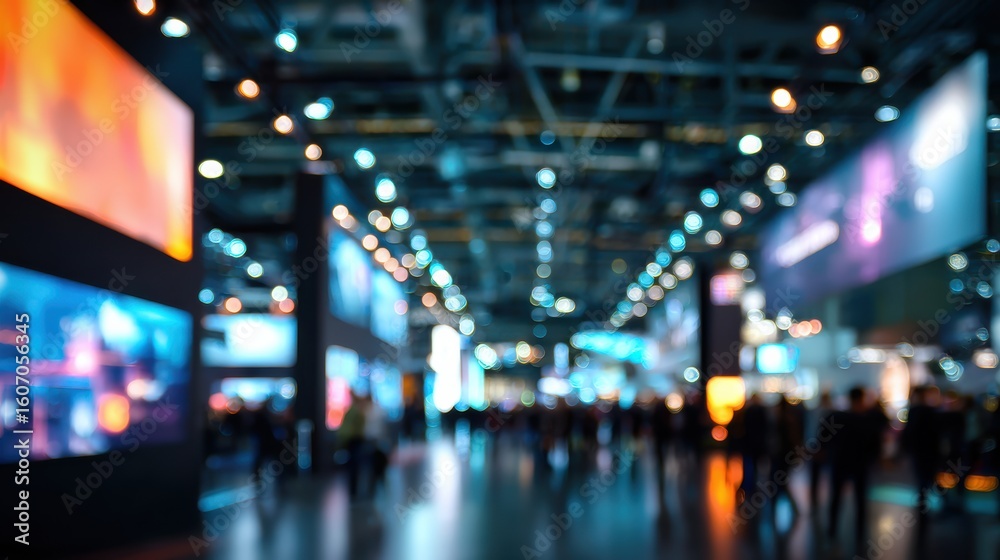A busy trade show scene blurred, filled with vibrant displays and crowds engaging in networking and innovation. A busy trade show scene blurred, filled with vibrant displays and crowds engaging in networking and innovation.