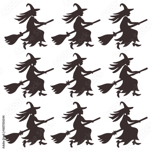 Spooky silhouettes of witches flying on broomsticks for Halloween celebrations and themed designs