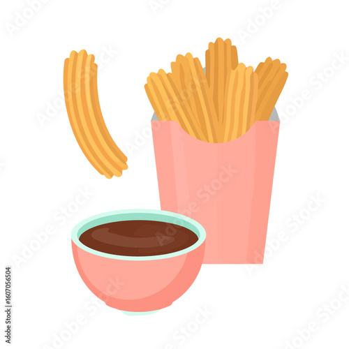 Crispy golden churros in a pink paper box with a side of rich chocolate dipping sauce.
