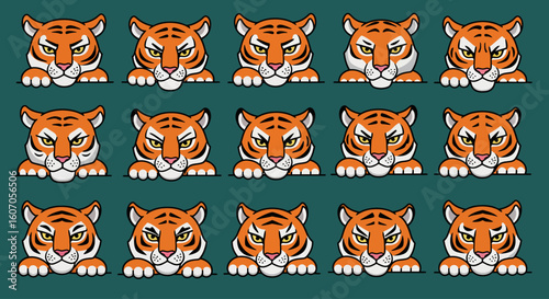 Vector cartoon tiger faces in kawai style.