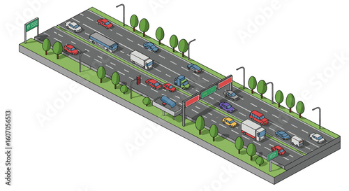 Isometric city highway with vehicles and trees