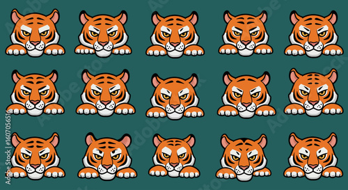 Vector cartoon tiger faces in kawai style.