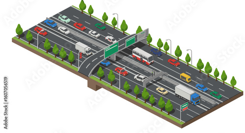 Isometric city highway with traffic and greenery
