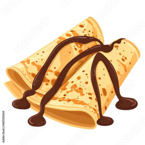 Two delicious folded golden crepes with a rich, glossy dark chocolate sauce drizzle.