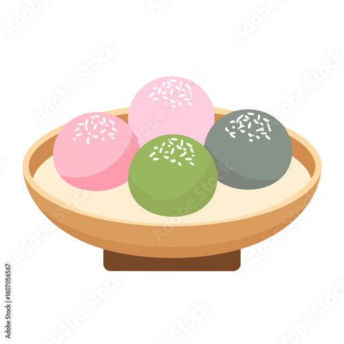 Colorful Japanese mochi rice cakes with sprinkles, served in a traditional wooden bowl.