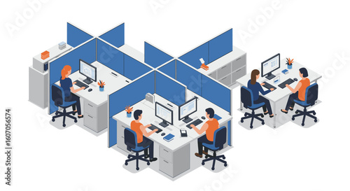 Modern office cubicle setup with employees working on computers in iso