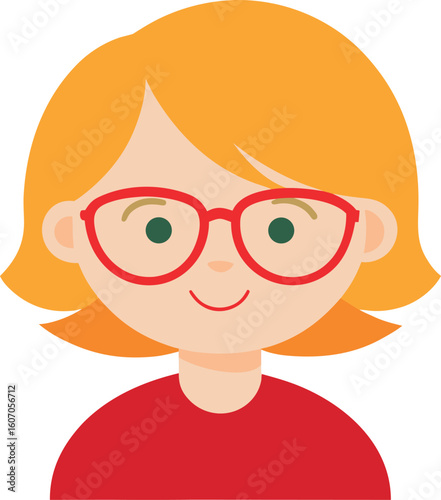 A Girl With Short Blonde Hair And Red Glasses Smiling