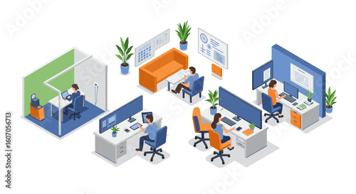 Modern office workspaces in isometric design with employees at desks a