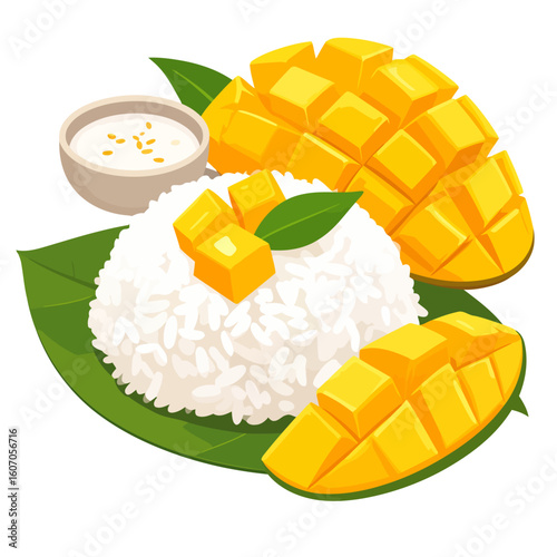 Vibrant illustration of Thai mango sticky rice with diced yellow mango, coconut cream, and sesame seeds.
