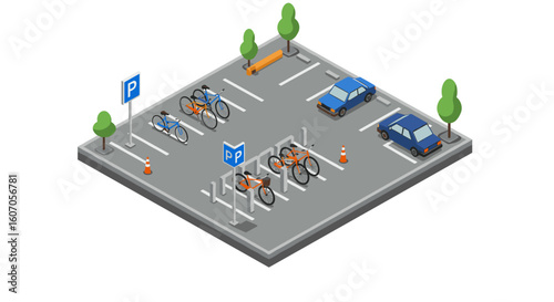 Isometric bicycle and car parking lot with trees and parking signs