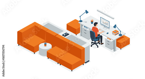 Modern office workspace with orange sofa and professional working at d