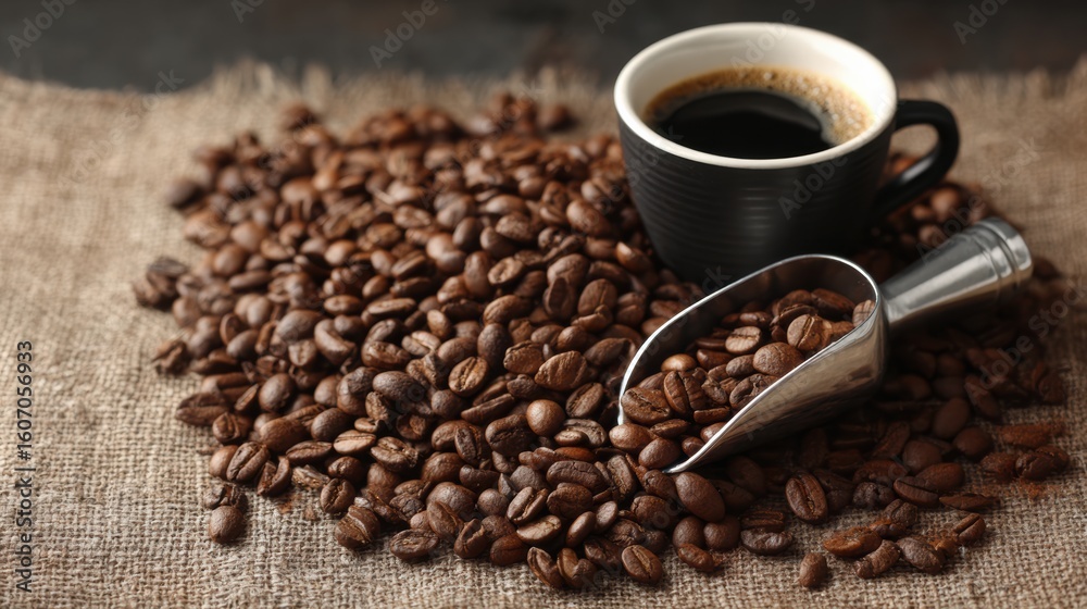 Fototapeta premium A close-up of coffee beans and a cup of espresso on a rustic surface, showcasing rich textures and inviting aroma.