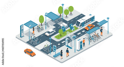 Sustainable city transport systems with bikes, electric cars, and char