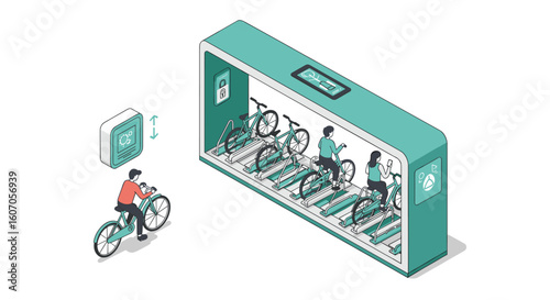Isometric bicycle sharing station with cyclist using smartphone app