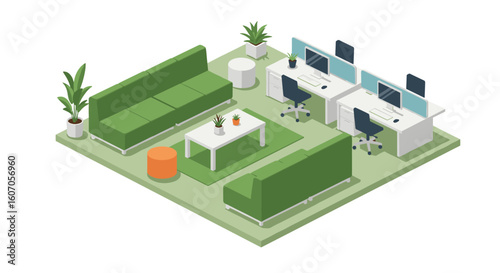 Cozy isometric office space with green sofas and workstations