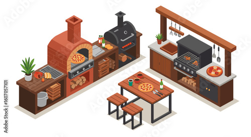 Outdoor kitchen with brick pizza oven and bbq grill in isometric desig