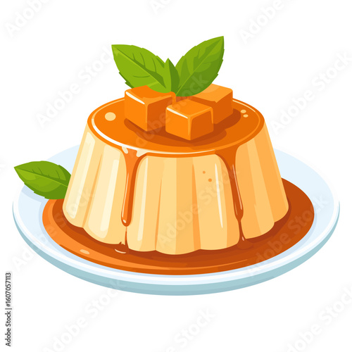 Delicious flan pudding with dripping caramel sauce, topped with fruit cubes and fresh mint leaves.