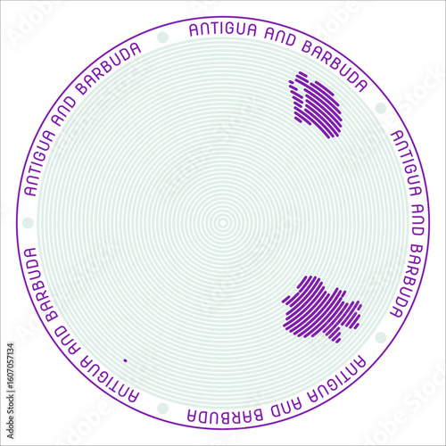 Antigua and Barbuda round logo design. Country shape build of rings. Antigua and Barbuda text around the country. Vector Illustration.