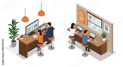 Isometric office scene with people working on computers at desks